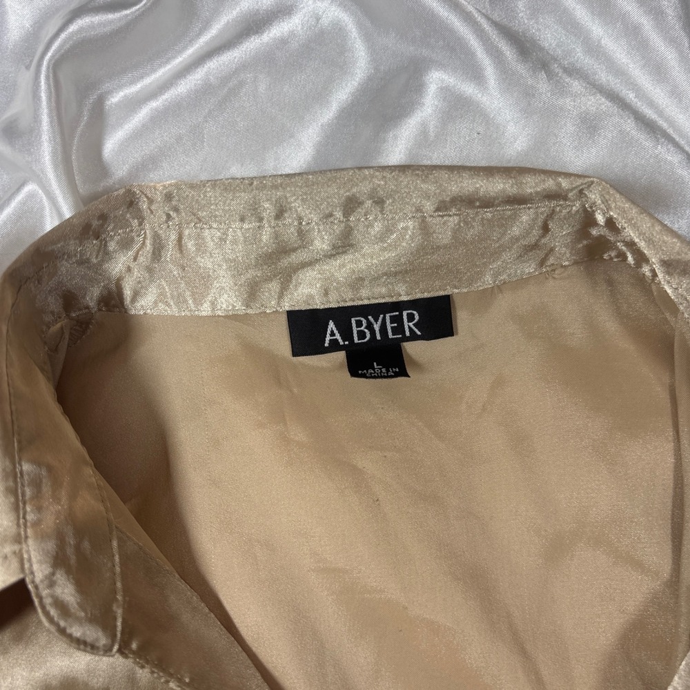 y2k A. Byer Satin Blouse Gold Excellent Wrap V-Neck Long Sleeve Peplum Top - Picture 4 of 6